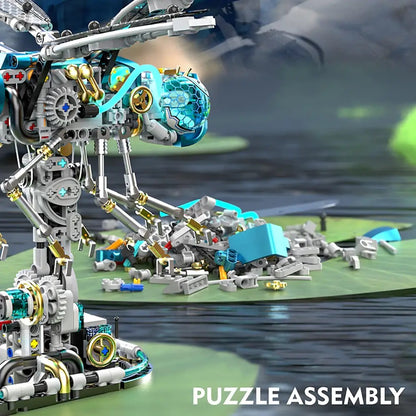 Mechanical Dragonfly – MJI 13086 motorised building set – base with loose building pieces on a lily pad