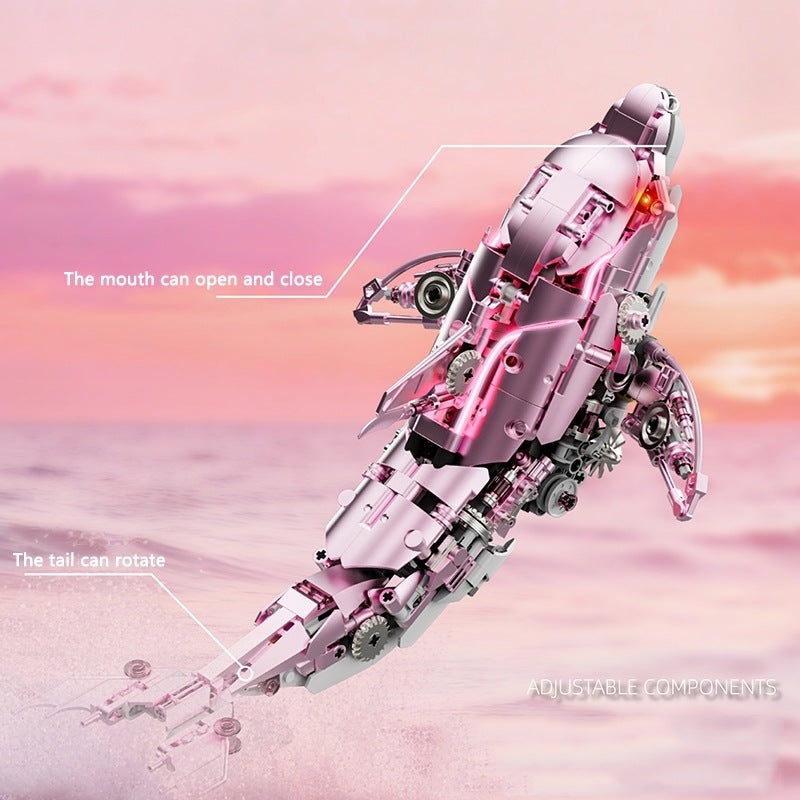 Mechanical Pink Dolphin – MJI 13098 motorised building set – swimming pose showing the opening mouth and rotating tail