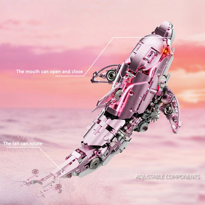Mechanical Pink Dolphin – MJI 13098 motorised building set – swimming pose showing the opening mouth and rotating tail