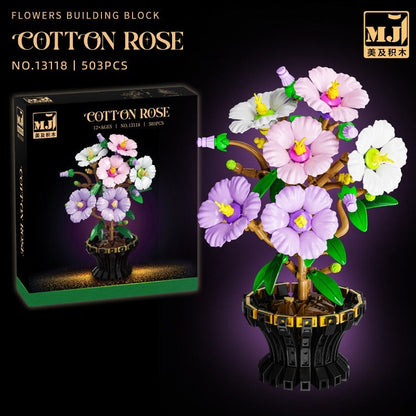 Cotton Rose – MJI 13118 botanical building set – assembled model beside retail box