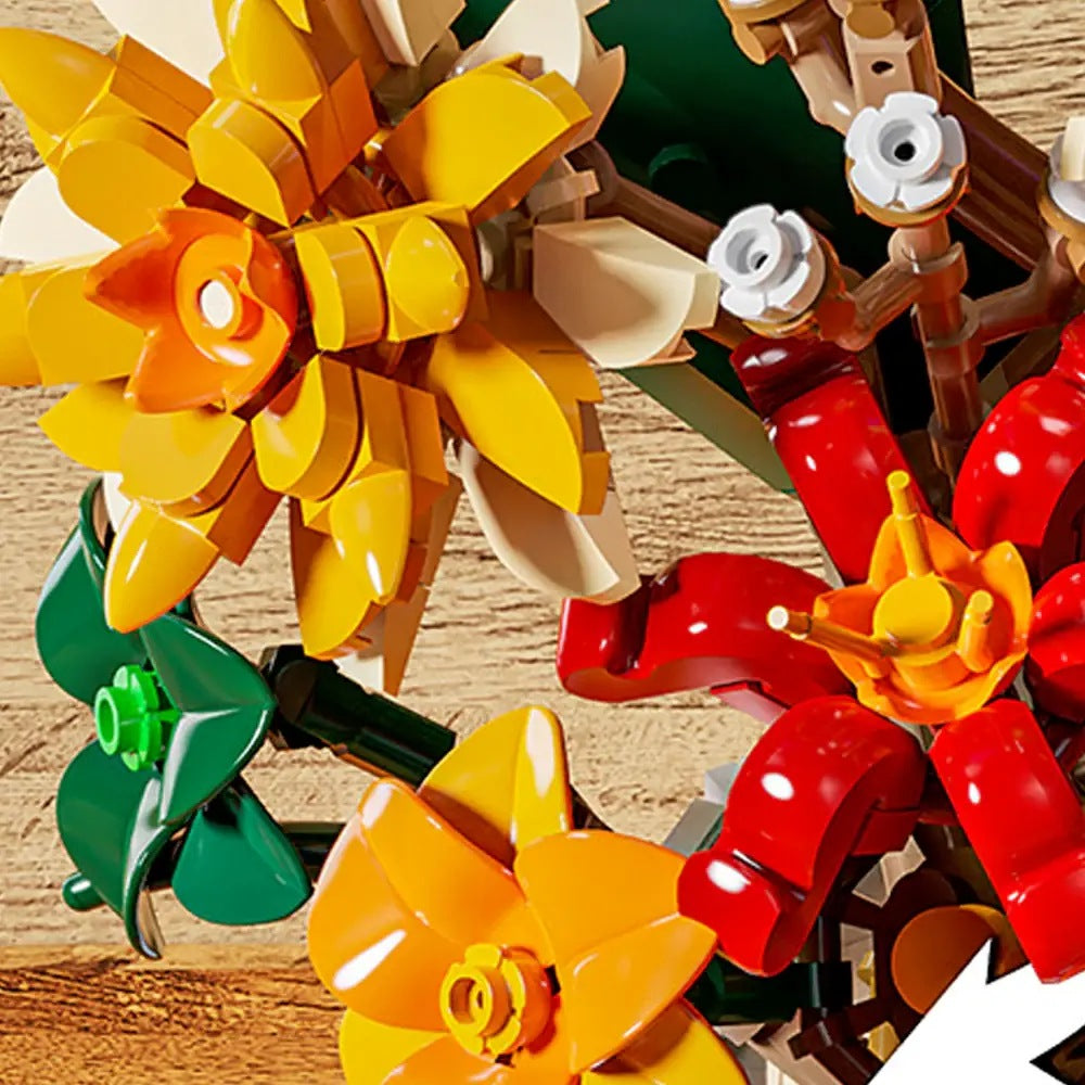 Half-Tilt Opulence Bouquet – MJI 13037 botanical building set – close-up of orange, yellow and red flower heads