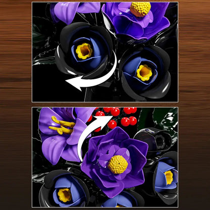 Purple Night Gilded Bouquet – MJI 13038 botanical building set – two close-ups of the navy roses and purple flower with rotation arrows