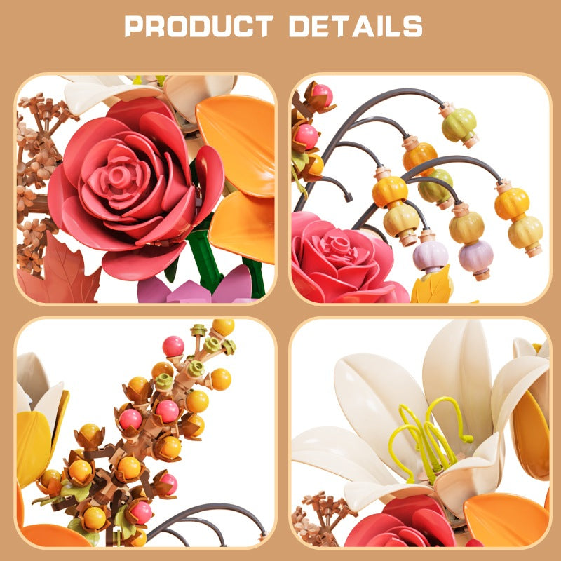Autumn Banquet Bouquet – MJI 13121 botanical building set – product details close-ups (rose, berries, lily)
