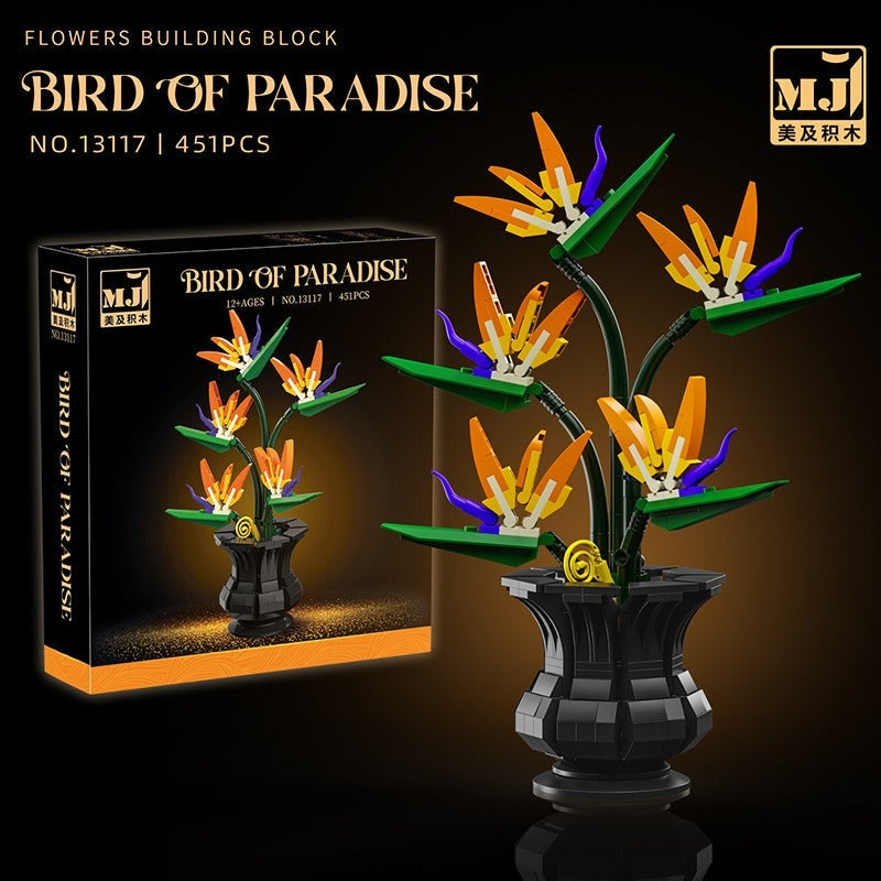 Bird of Paradise – MJI 13117 botanical building set – assembled model beside retail box