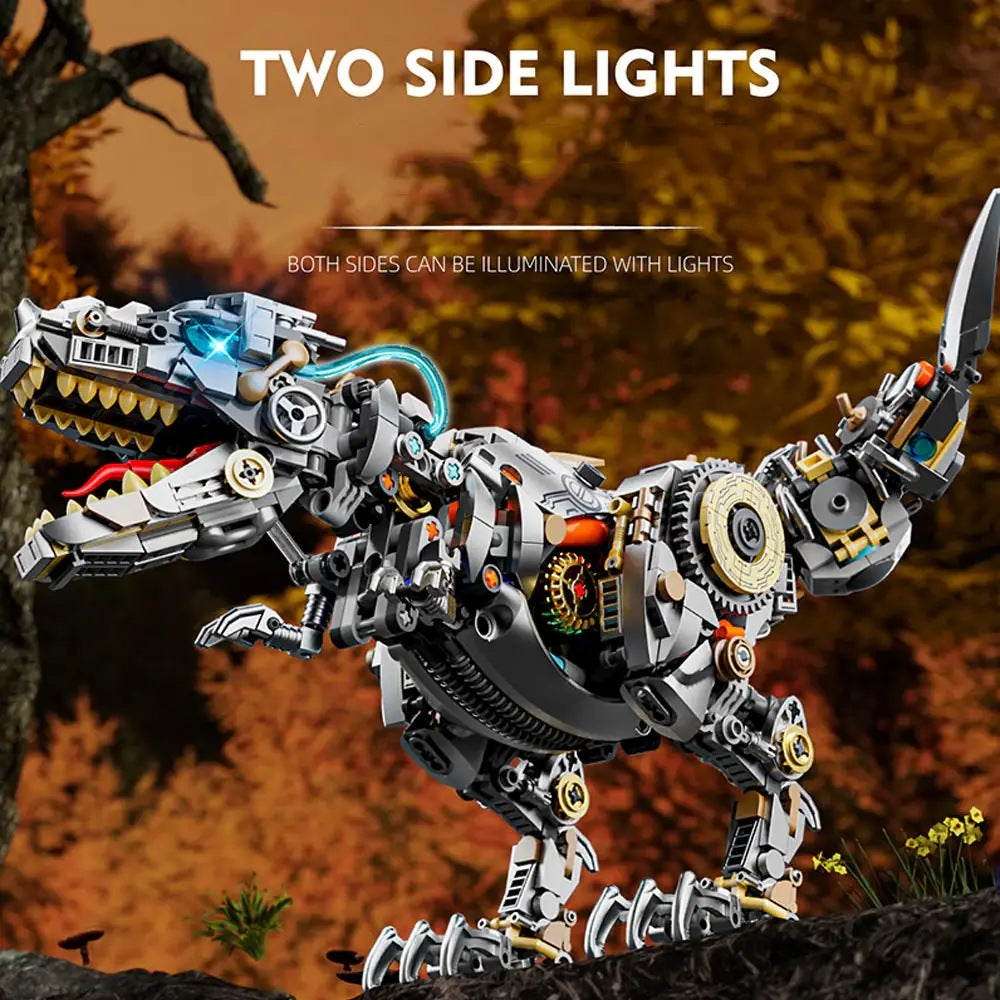 Mechanical Tyrannosaurus – MJI 13087 motorised building set – T-rex with the two side lights on, autumn forest backdrop