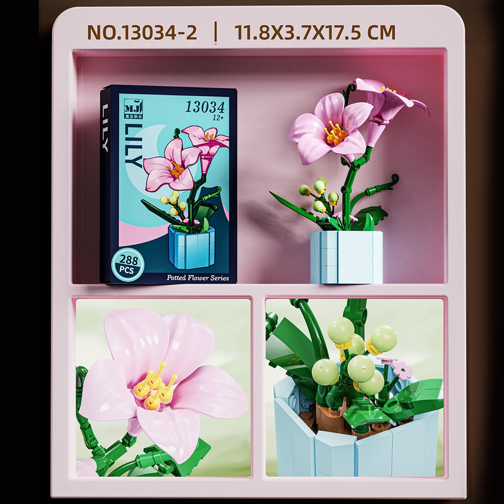 Flower Language Assortment A – MJI 13034 botanical building set – pink lily stem with its retail box and close-ups