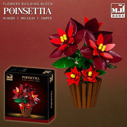Poinsettia – MJI 13124 botanical building set – retail box and assembled model on a red background