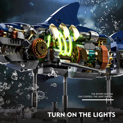 Mechanical Shark – MJI 13054 motorised building set – close-up of the lit green light tubes and gear train
