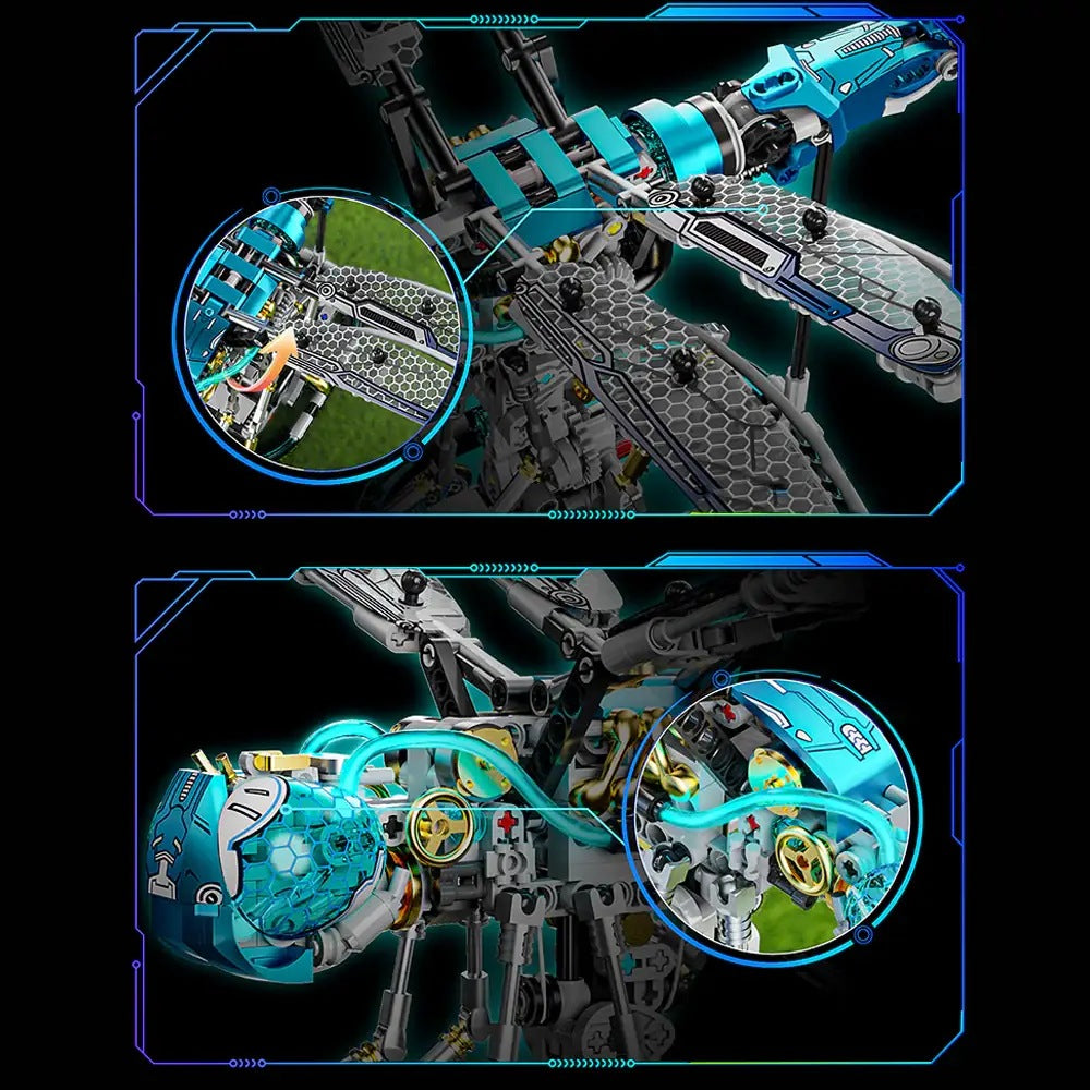 Mechanical Dragonfly – MJI 13086 motorised building set – close-ups of the wing linkage and the lit head
