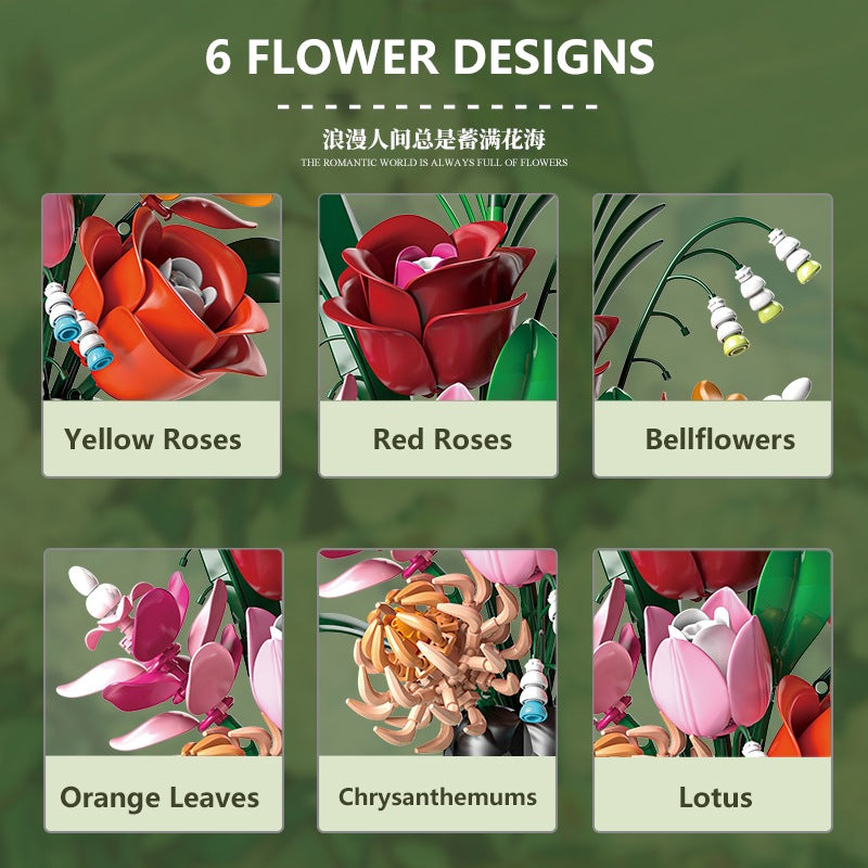 Pandora Bouquet – MJI 13069 botanical building set – the 6 flower designs as labelled tiles (yellow roses, red roses, bellflowers, orange leaves, chrysanthemums, lotus)
