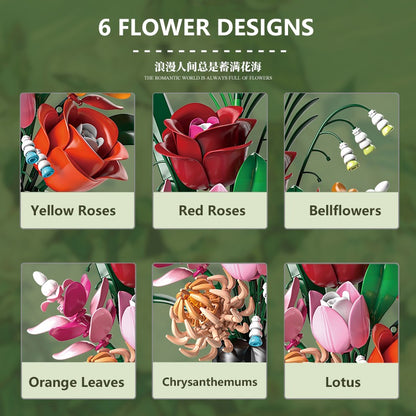 Pandora Bouquet – MJI 13069 botanical building set – the 6 flower designs as labelled tiles (yellow roses, red roses, bellflowers, orange leaves, chrysanthemums, lotus)