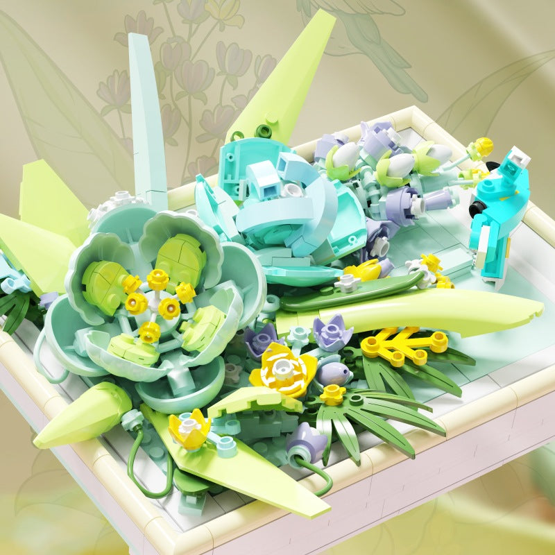 Floating Emerald Flower Picture Frame – MJI 13061 botanical building set – close-up of the green succulent flowers and hummingbird lying flat