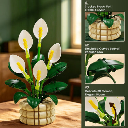Peace Lily – MJI 13123 botanical building set – assembled model on a table with close-ups of the pot, leaves and stamen
