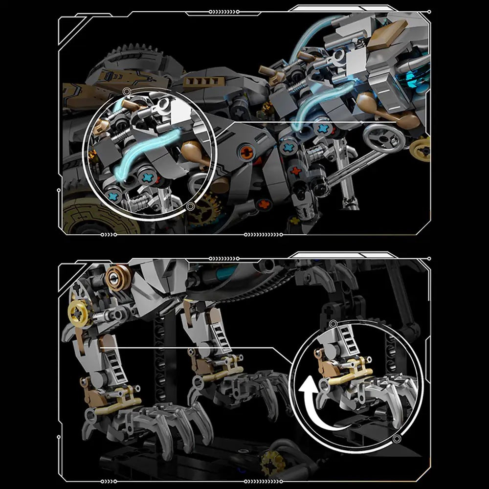 Mechanical Tyrannosaurus – MJI 13087 motorised building set – close-up panels of the head/neck linkage and the claw joint