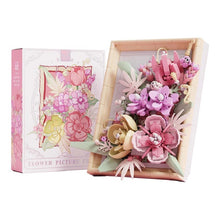 Sunset Crimson Flower Picture Frame – MJI 13062 botanical building set – pink retail box beside the assembled pink frame, white background