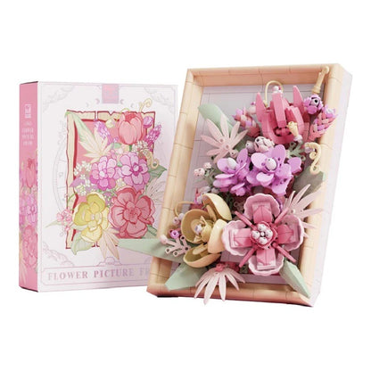 Sunset Crimson Flower Picture Frame – MJI 13062 botanical building set – pink retail box beside the assembled pink frame, white background