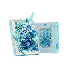 Vast Glaze Flower Picture Frame – MJI 13060 botanical building set – assembled blue flower frame with its pale-blue retail box behind, white background