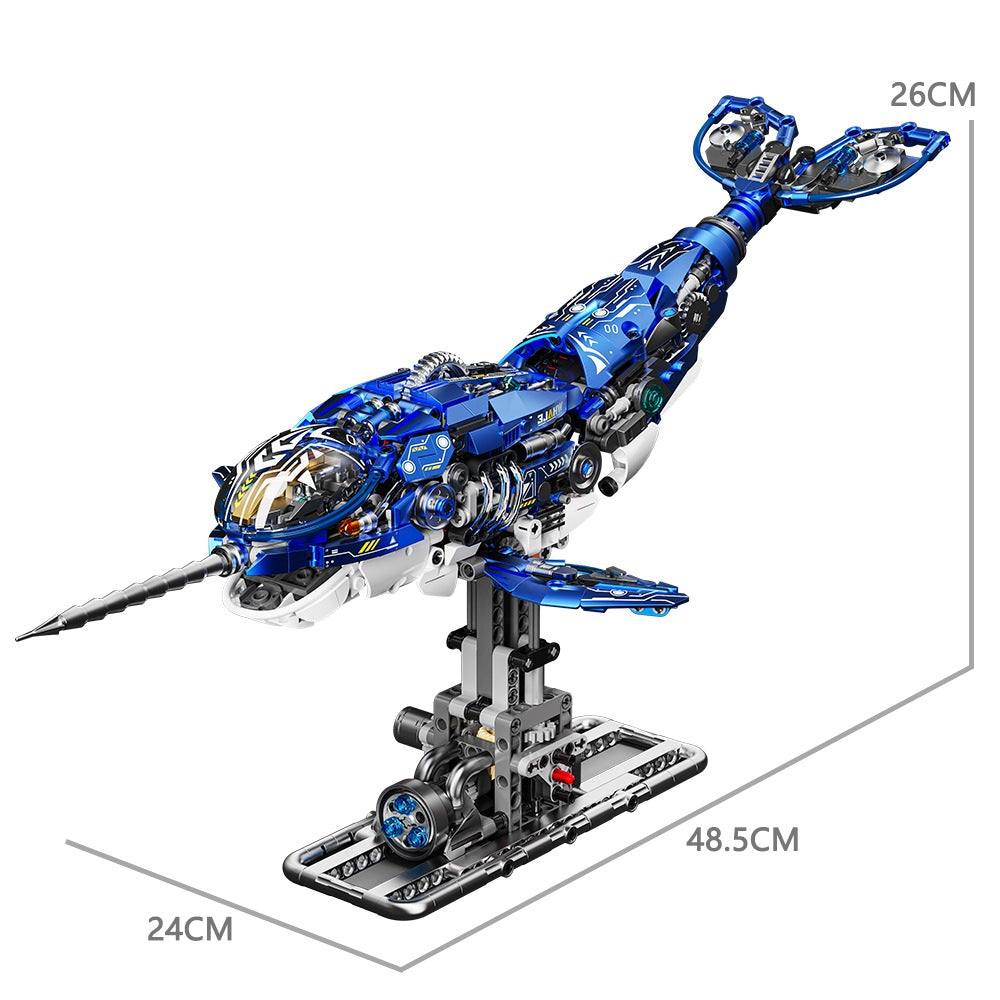 Mechanical Narwhal – MJI 13155 motorised building set – size diagram of the assembled model (48.5 x 24 x 26 cm)