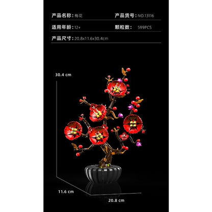 Plum Blossom Bonsai – MJI 13116 botanical building set – size diagram of the assembled model (20.8 x 11.6 x 30.4 cm)