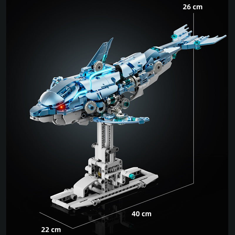 Mechanical Blue Dolphin – MJI 13099 motorised building set – size diagram of the assembled model (40 x 22 x 26 cm)