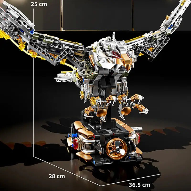 Mechanical Eagle – MJI 13084 motorised building set – eagle with dimension lines (25 cm tall, 36.5 x 26 cm), black background