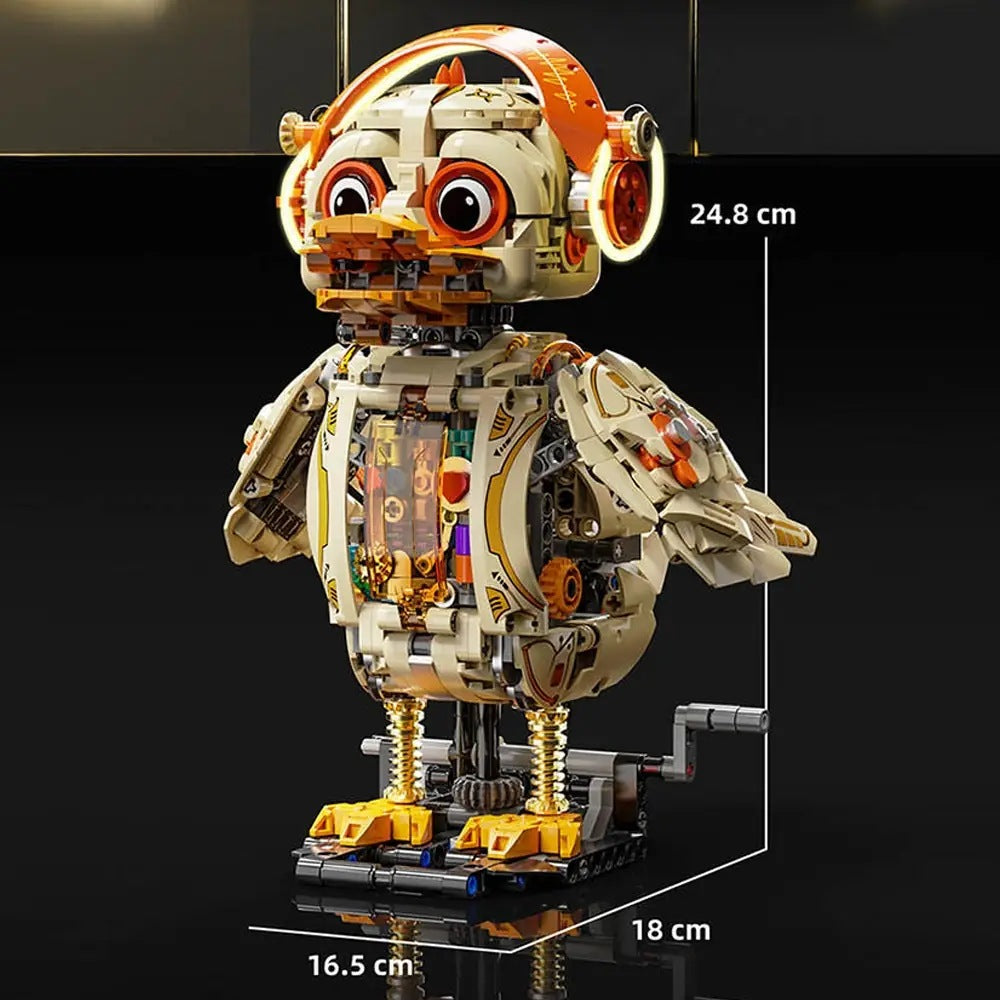 Mechanical Duck – MJI 13103 motorised building set – duck with dimension lines (24.8 x 18 x 16.5 cm), dark background