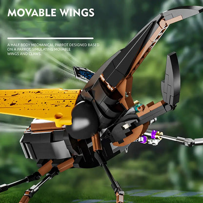 Mechanical Rhinoceros Beetle – MJI 13053 motorised building set – movable wings open, close-up in green outdoor setting