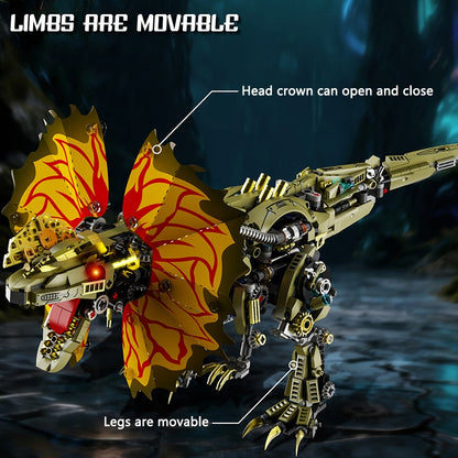 Mechanical Dilophosaurus – MJI 13101 motorised building set – movable head crown and legs, labelled