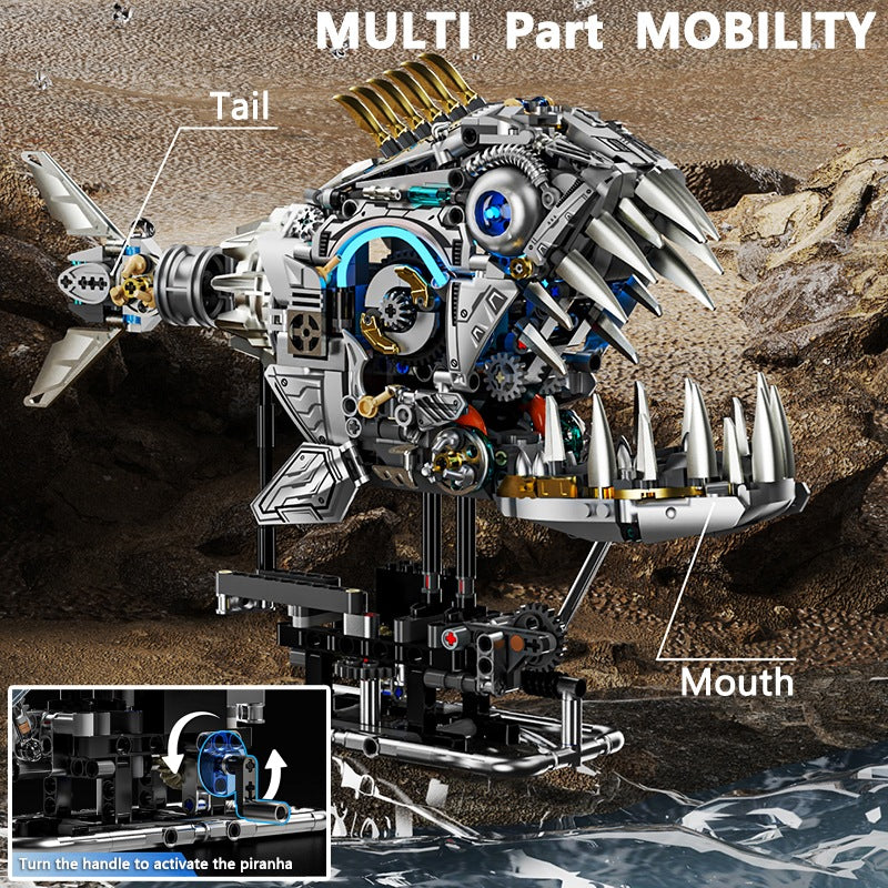Mechanical Piranha – MJI 13092 motorised building set – movable tail and mouth with inset of the drive handle