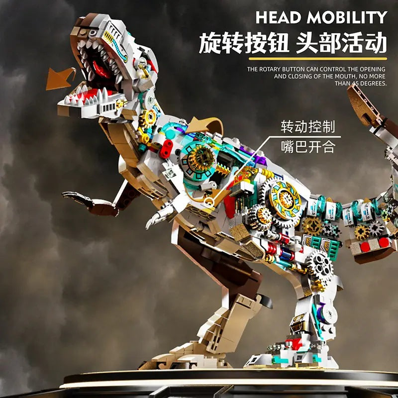 Semi-Mechanical T-Rex – MJI 13050 motorised building set – head mobility, rotating head, dark backdrop
