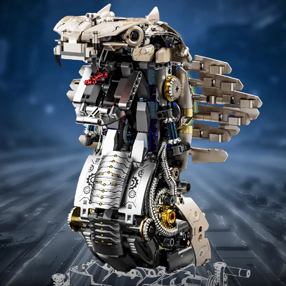 Mechanical King Cobra – MJI 13095 motorised building set – cobra front view with hood scales spread, blue sci-fi backdrop