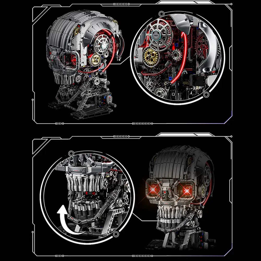Mechanical Skull – MJI 13089 motorised building set – close-up panels of the gears, eyes and jaw