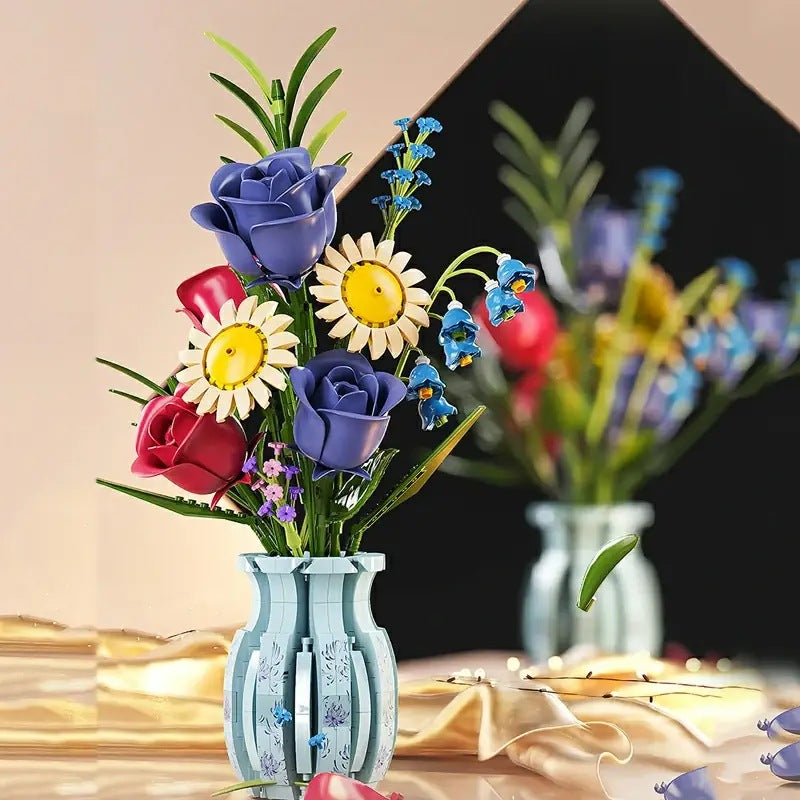 Blue & White Porcelain Bouquet – MJI 13067 botanical building set – bouquet with a second vase blurred behind, warm backdrop