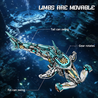 Mechanical Hammerhead Shark – MJI 13154 motorised building set – swimming pose showing the swinging tail and fins and rotating gear