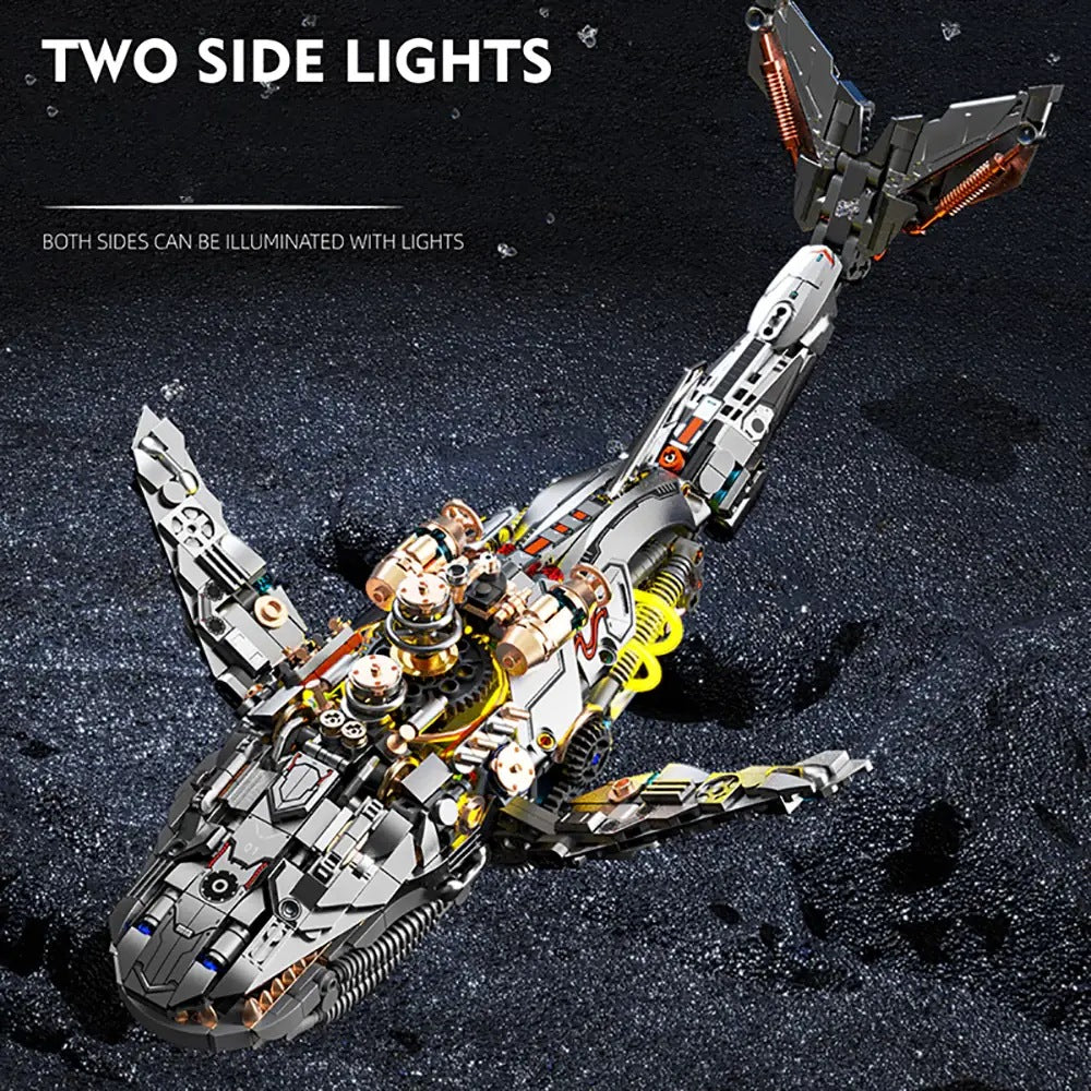 Mechanical Whale – MJI 13059 motorised building set – top view of the lit mechanical back with lights on both sides