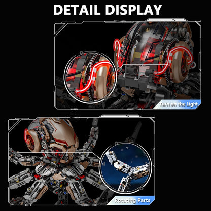 Mechanical Octopus – MJI 13085 motorised building set – detail close-ups of the lit red eye and jointed tentacles