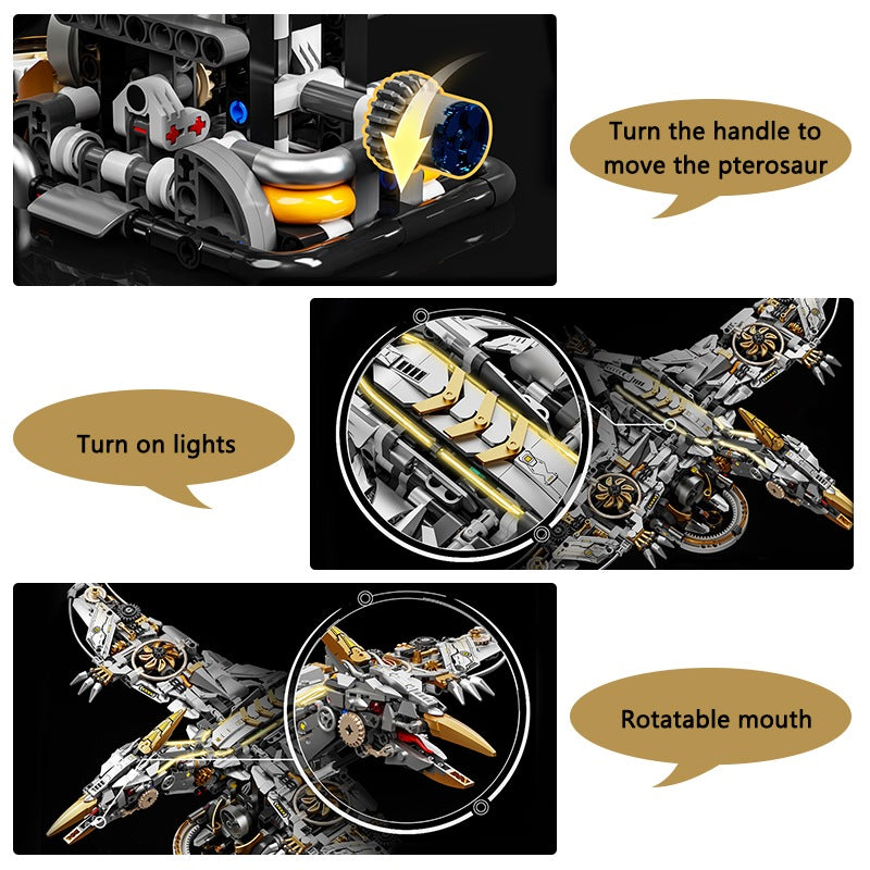 Mechanical Pterosaur – MJI 13107 motorised building set – feature close-ups: crank handle drives the wings, lights and movable mouth
