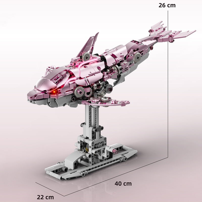 Mechanical Pink Dolphin – MJI 13098 motorised building set – size diagram of the assembled model (40 x 22 x 26 cm)