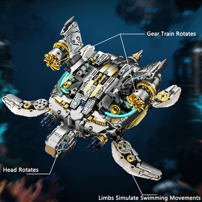 Mechanical Sea Turtle – MJI 13097 motorised building set – functions labelled - gear train rotates, head rotates, limbs simulate swimming