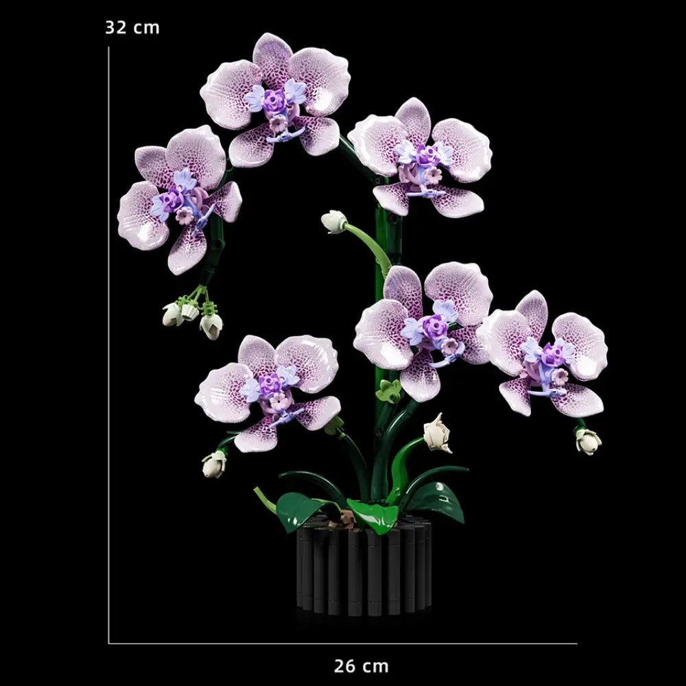 Butterfly Phalaenopsis Orchid – MJI 13115 botanical building set – size diagram of the assembled orchid (32 cm high, 26 cm wide)