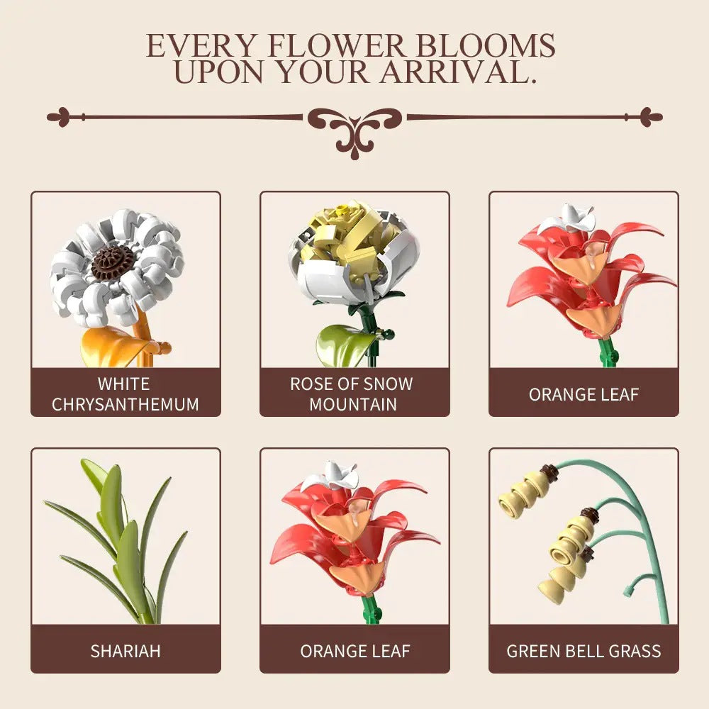 Flourishing Flowers Bouquet – MJI 13068 botanical building set – the six flower types of the bouquet as labelled tiles
