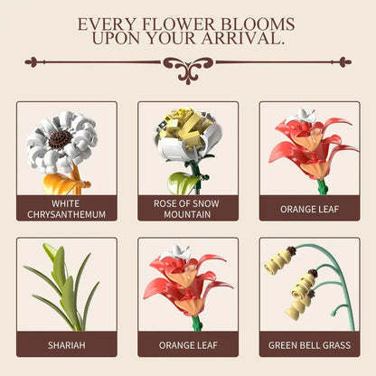 Flourishing Flowers Bouquet – MJI 13068 botanical building set – the six flower types of the bouquet as labelled tiles