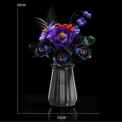 Purple Night Gilded Bouquet – MJI 13038 botanical building set – assembled bouquet with dimension lines (33 cm tall, 22 cm wide), black background