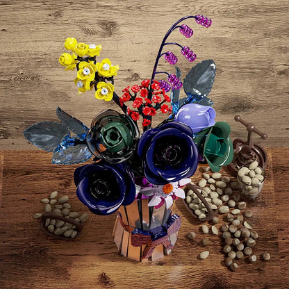 Fantasy Night Glaze Bouquet – MJI 13039 botanical building set – top view of the bouquet flowers laid on a wooden table