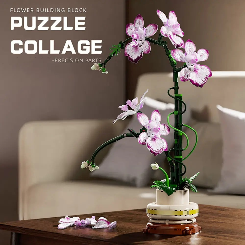 Dancing Lady Orchid – MJI 13114 botanical building set – loose building pieces beside the assembled orchid