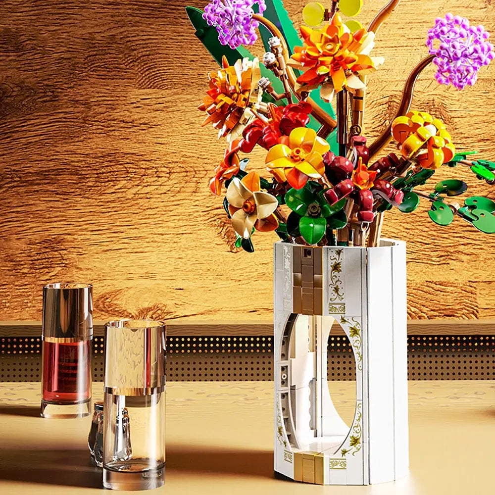 Half-Tilt Opulence Bouquet – MJI 13037 botanical building set – bouquet on a wooden table with the vase light on