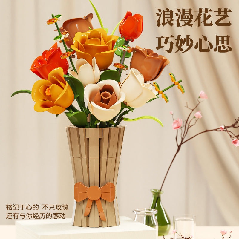 Gift-Bag Bouquet – MJI 13066 botanical building set – bouquet in vase on a white table with a glass vase and blossom
