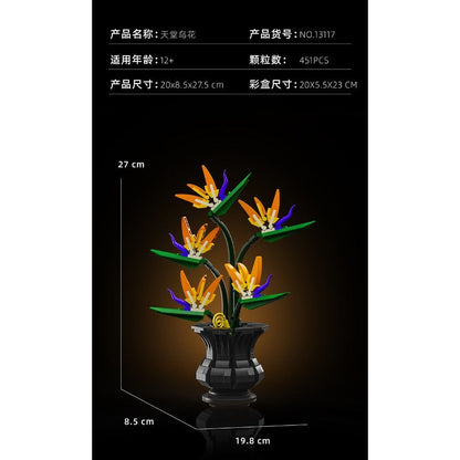 Bird of Paradise – MJI 13117 botanical building set – size diagram of the model (20 x 8.5 x 27.5 cm) and box (20 x 5.5 x 23 cm)