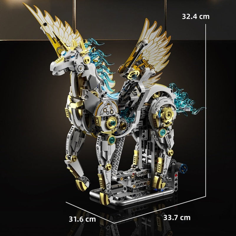 Mechanical Unicorn – MJI 13106 motorised building set – unicorn with dimension lines (32.4 x 33.7 x 31.6 cm), dark background