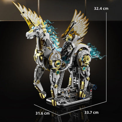 Mechanical Unicorn – MJI 13106 motorised building set – unicorn with dimension lines (32.4 x 33.7 x 31.6 cm), dark background